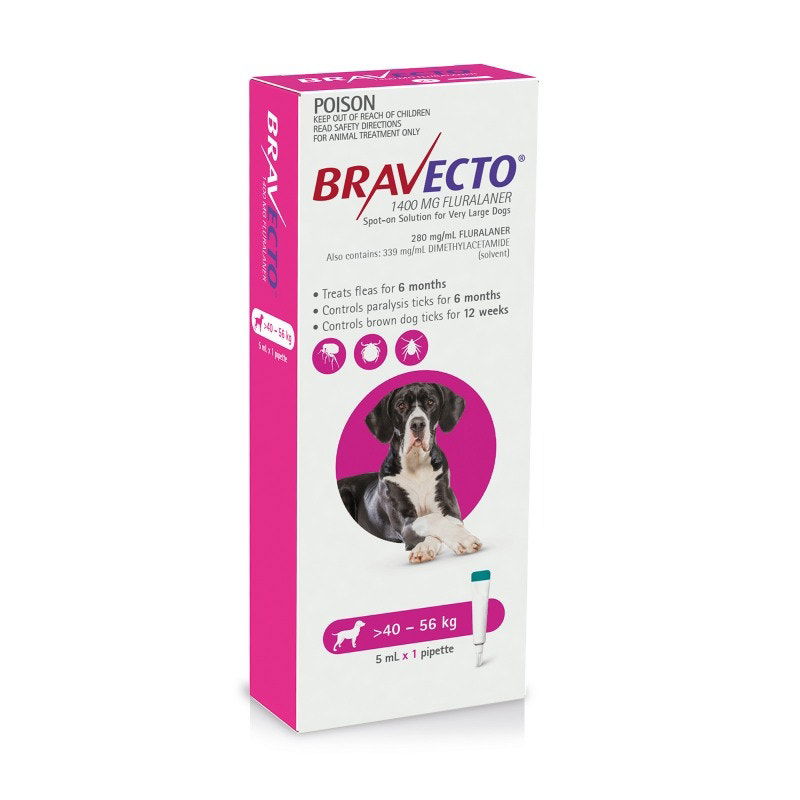 Bravecto 6 Month Protection Spot On for Very Large Dogs (40 - 56kg) Pipette X 1 - Pink